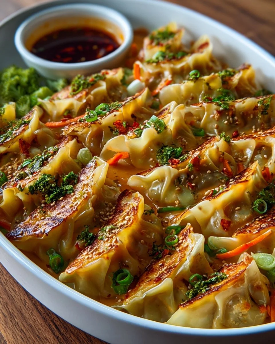 Delicious oven-baked dumplings drizzled with peanut sauce ready to enjoy.