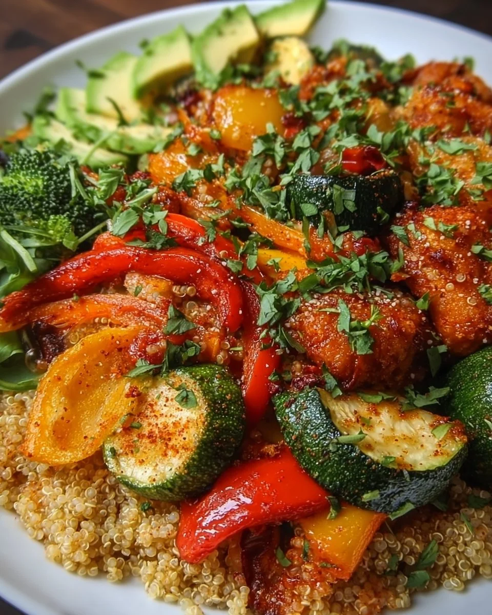 Bowl of paprika roasted vegetable quinoa with colorful veggies and spices