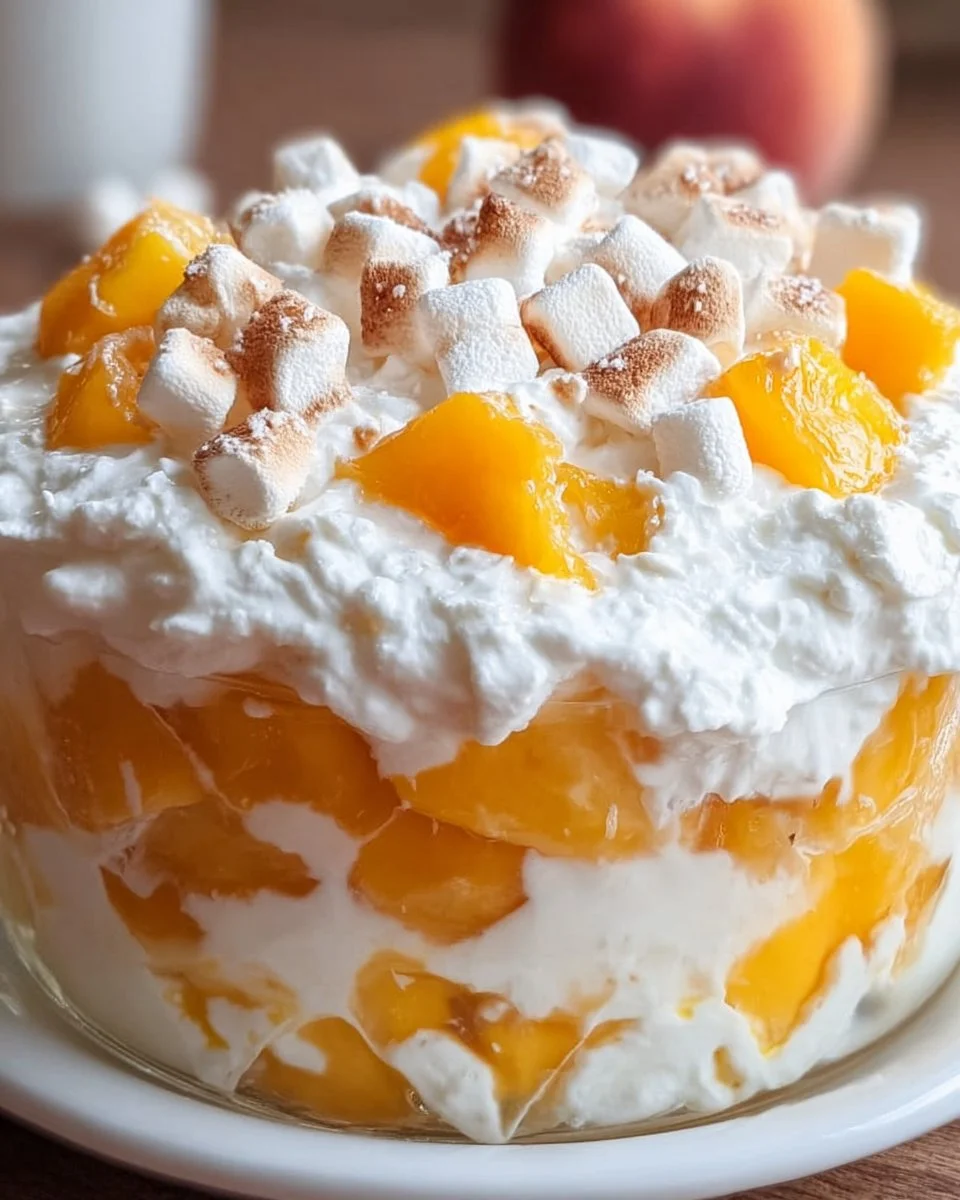 Delicious Peach Fluff dessert served in a bowl with fresh peaches