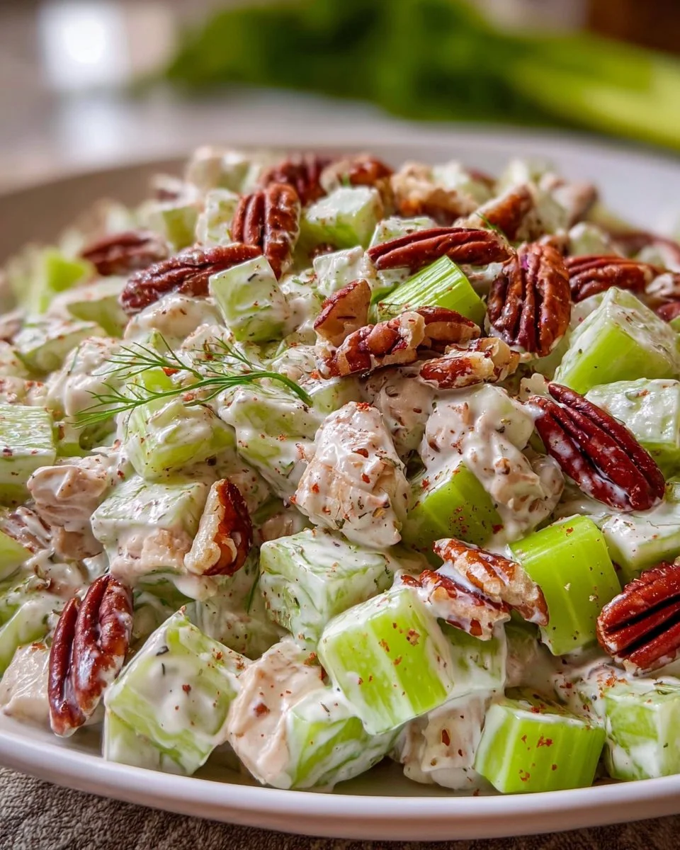 Pecan celery salad with mayonnaise served in a bowl, garnished with fresh herbs