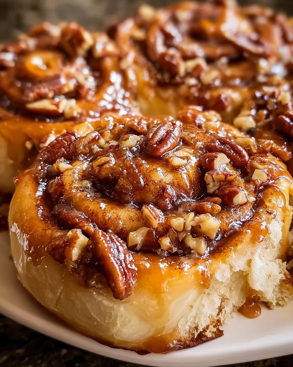 Freshly baked pecan pie cinnamon rolls topped with icing and pecans