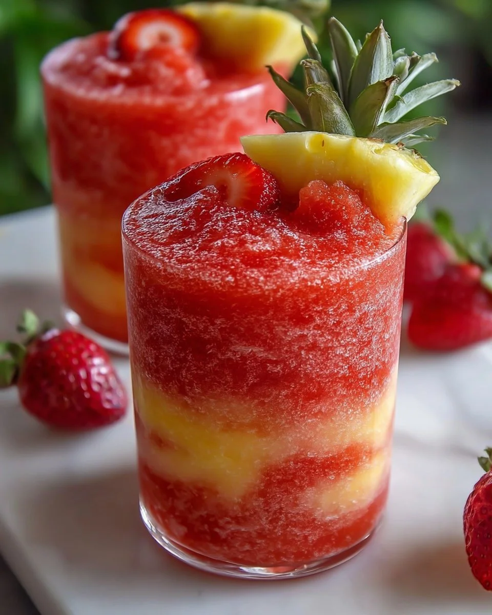 Pineapple Strawberry Slushie in a glass with fresh fruit garnishes