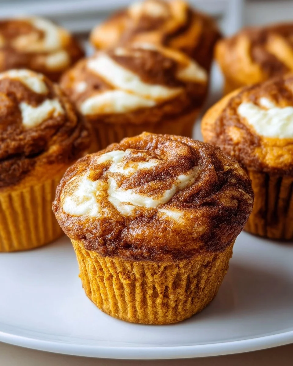 Delicious pumpkin cream cheese swirl muffins on a rustic table