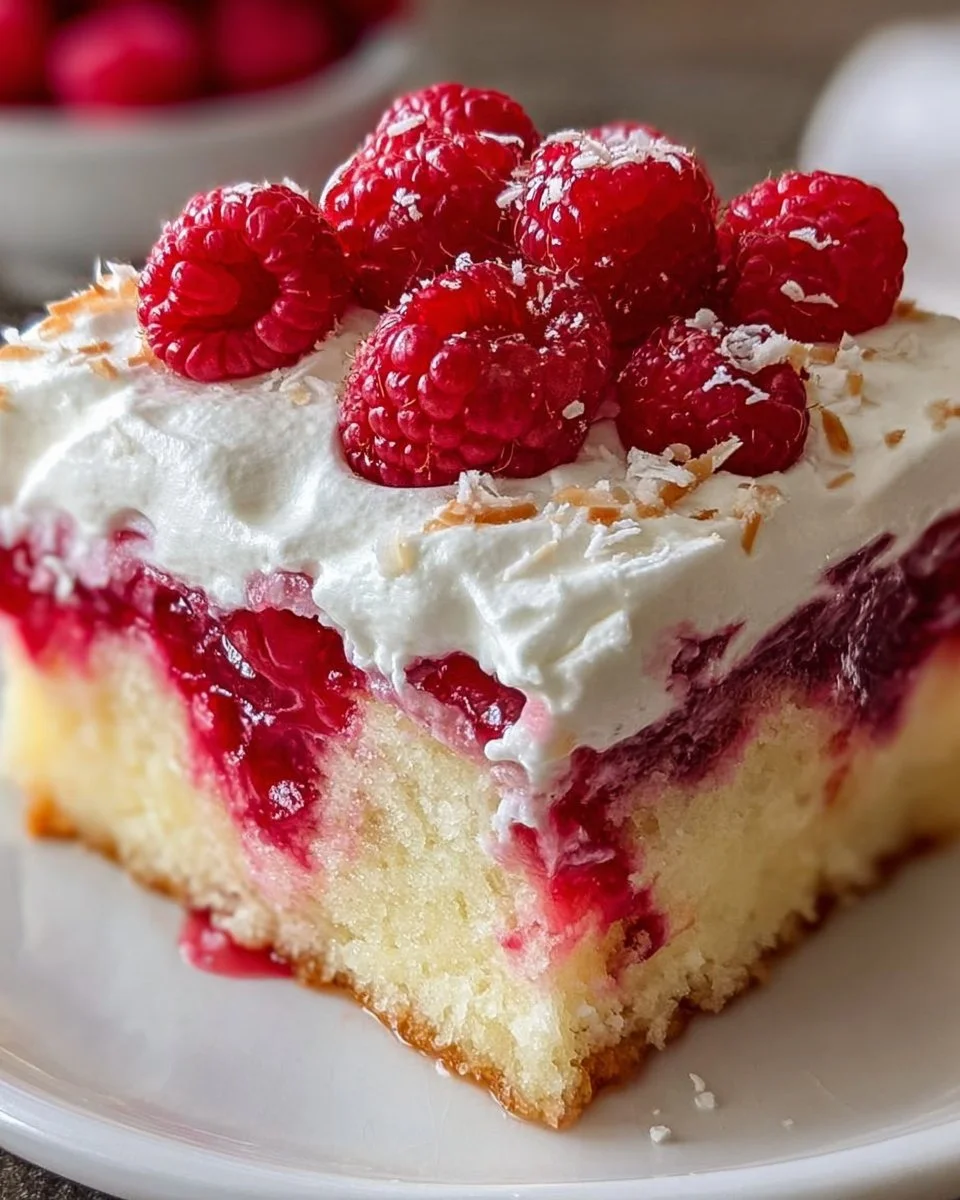 Delicious Raspberry Zinger Poke Cake topped with frosting and raspberries