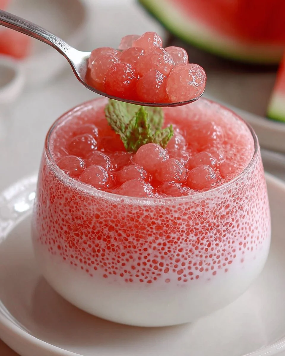 Refreshing summer sago dessert with watermelon and coconut
