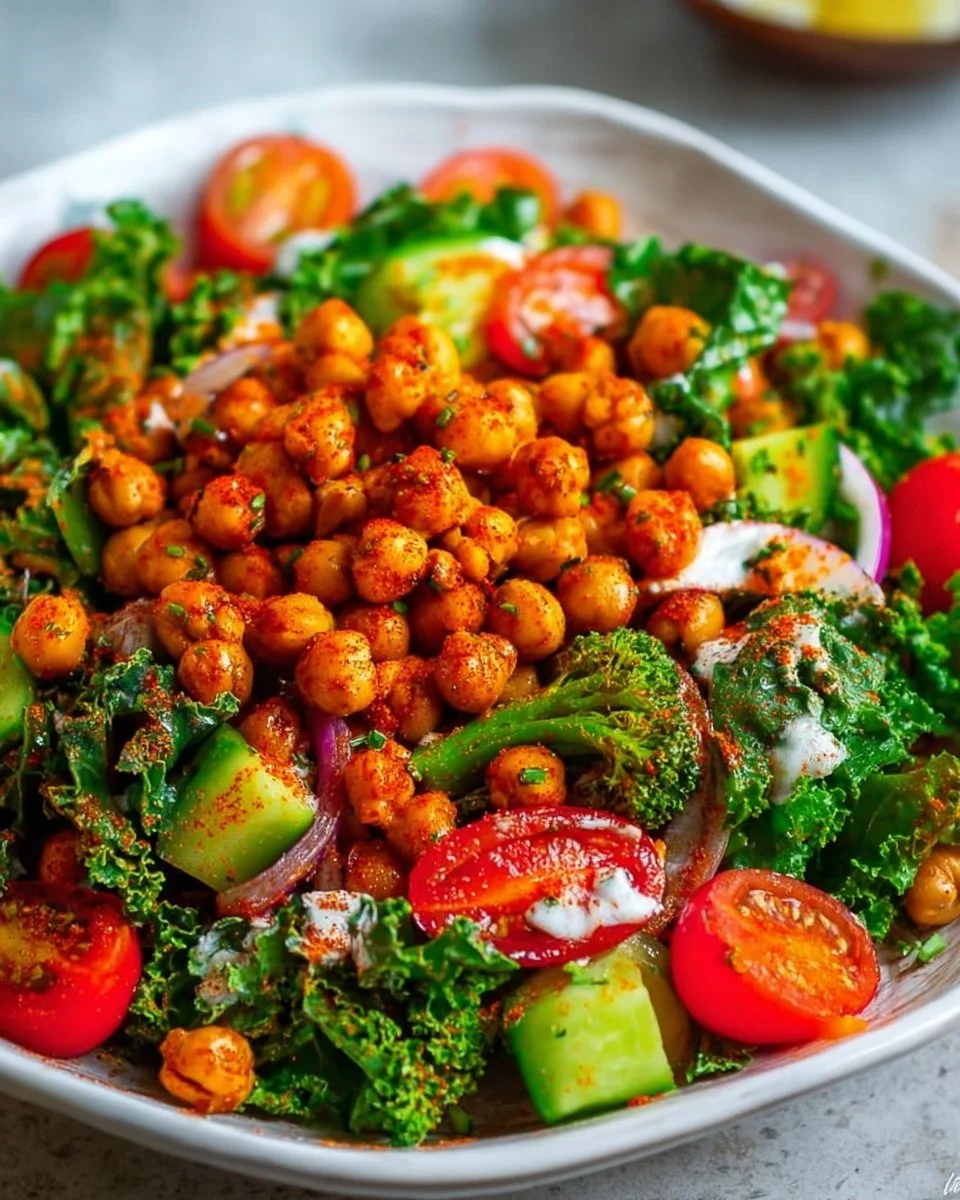 Delicious roasted chickpea salad with colorful vegetables and dressing