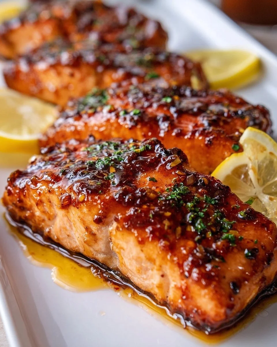 Delicious salmon fillet topped with hot honey glaze on a plate