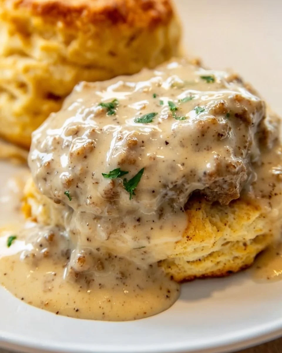 Bowl of creamy sausage gravy served over biscuits with a sprinkle of black pepper.