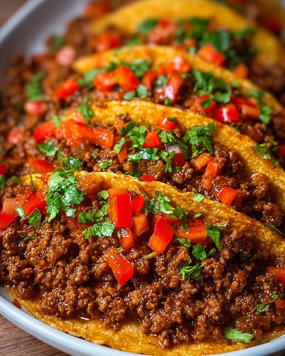 Seasoned ground beef tacos garnished with fresh toppings