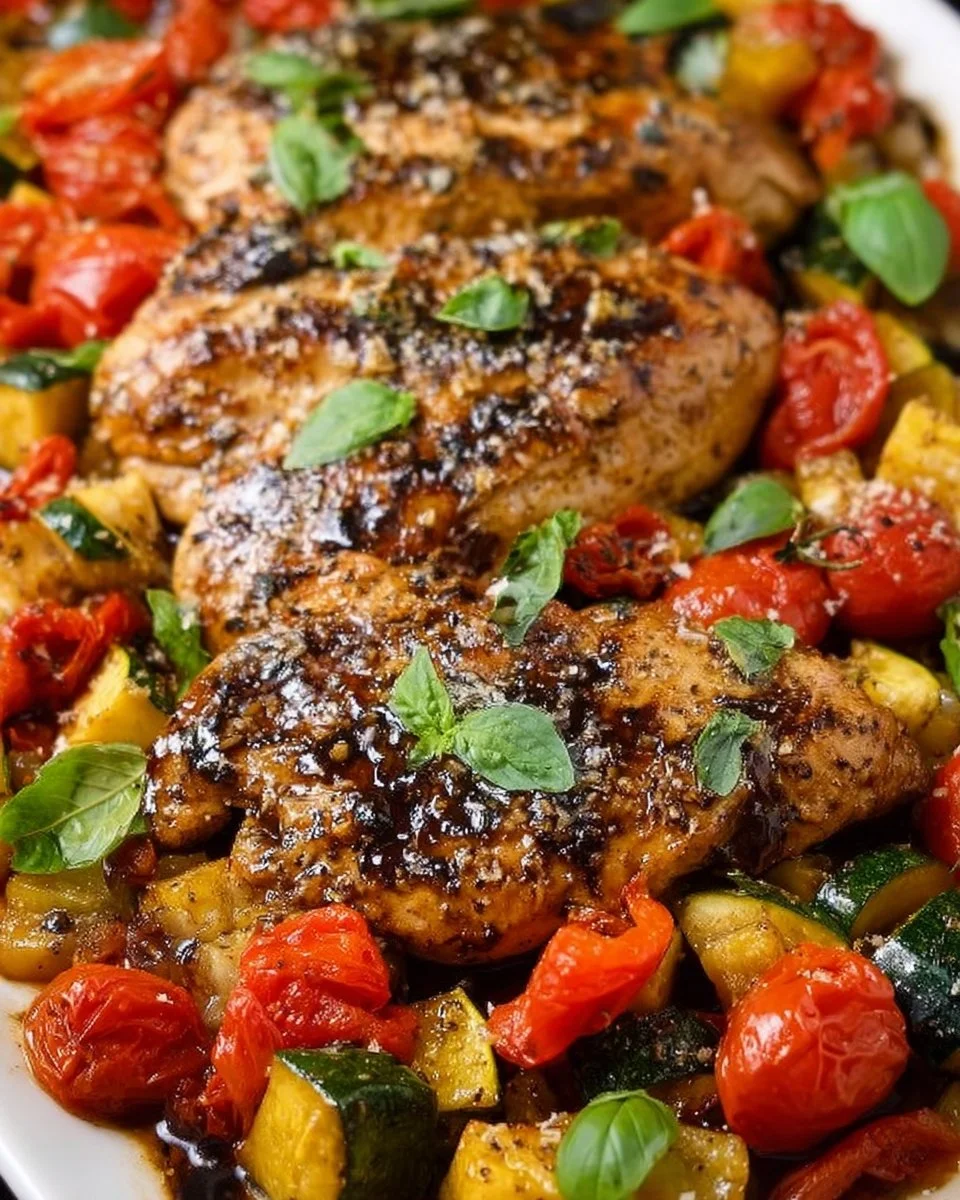 Sheet pan with Italian chicken and mixed vegetables ready for baking