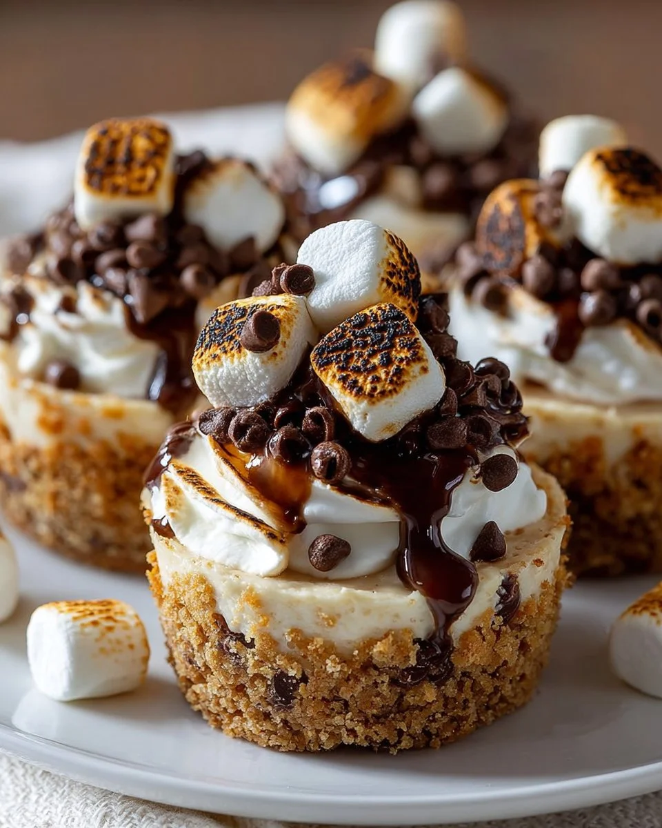 S'mores No-Bake Cheesecake Cups with chocolate, graham crackers, and marshmallows.