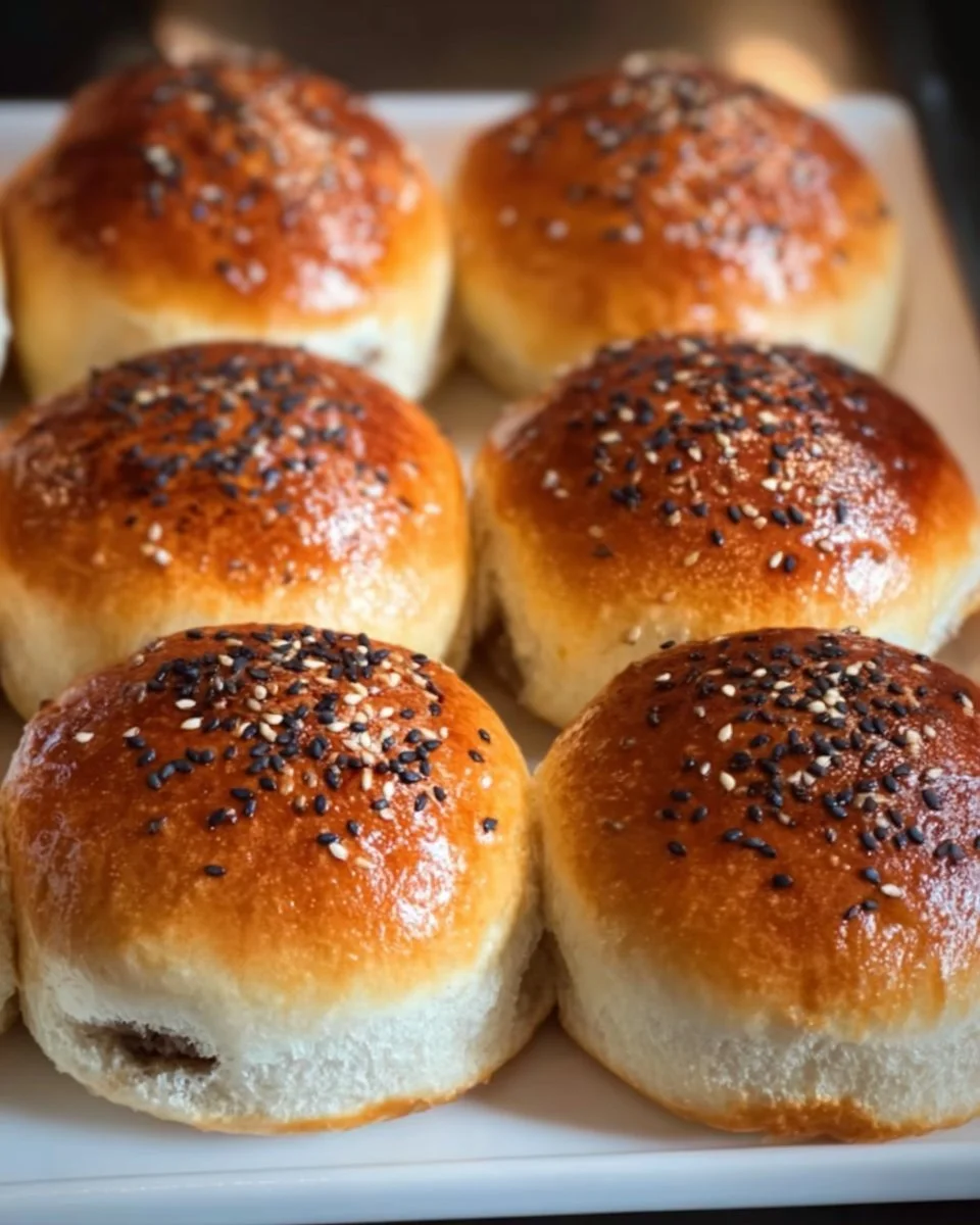 Freshly baked sourdough discard hamburger buns ready for grilling.