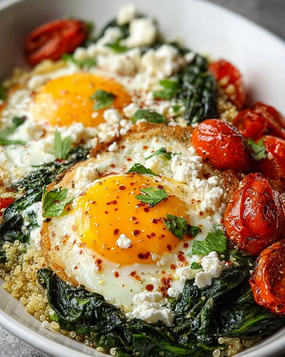 Delicious Spinach Feta Breakfast Bowl topped with fresh spinach and crumbled feta cheese