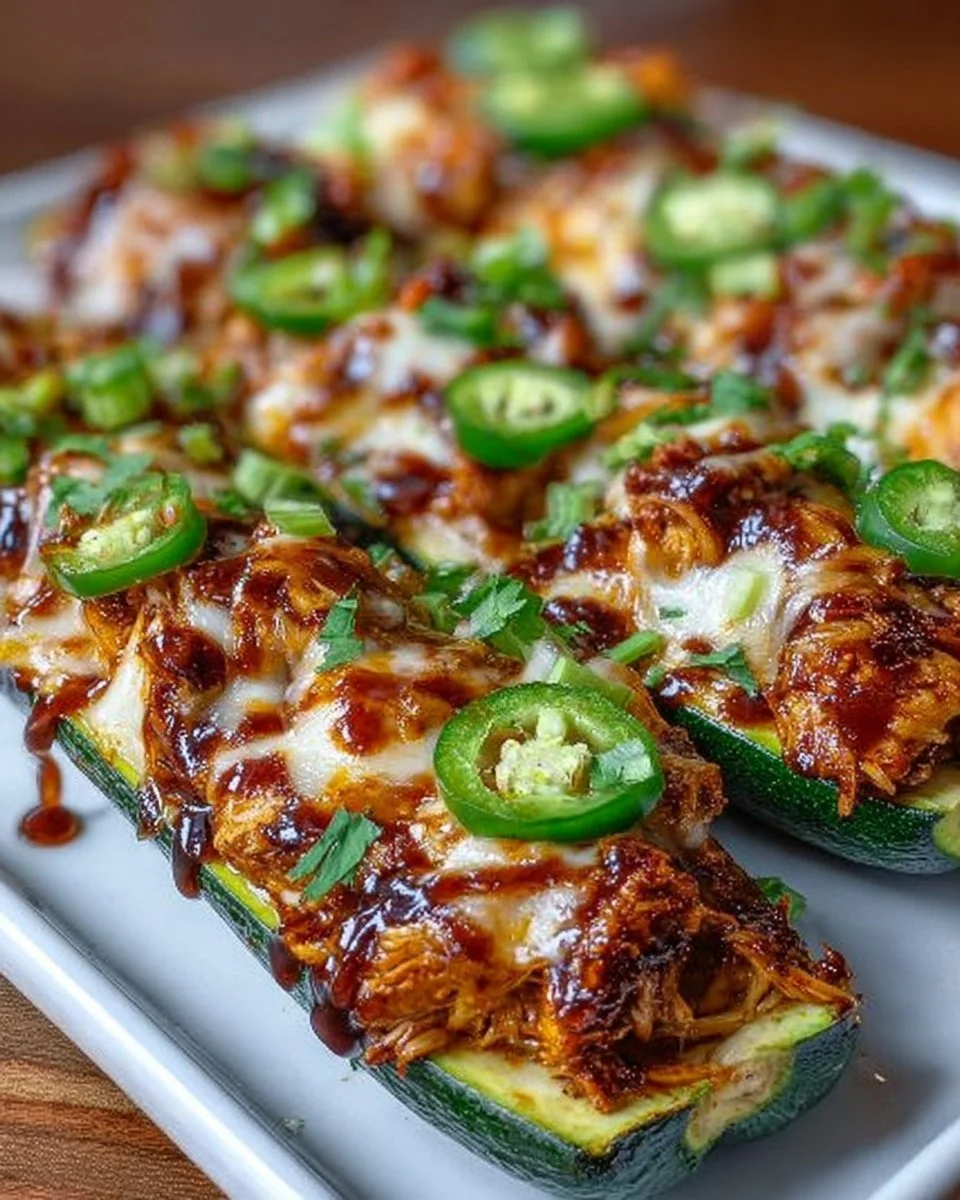 Sticky BBQ Chicken Zucchini Boats topped with gooey cheese and fresh herbs