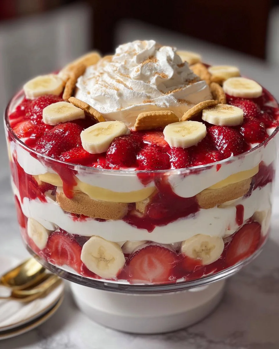 Creamy strawberry banana pudding dessert topped with fresh strawberries and bananas.