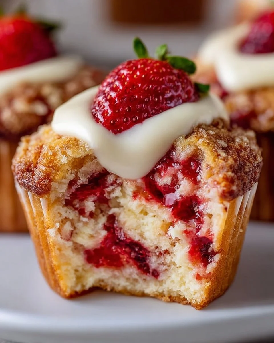 Freshly baked Strawberry Cream Cheese Muffins with a creamy filling