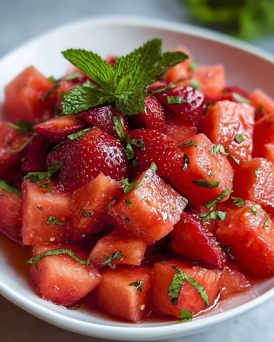 Delicious strawberry watermelon salad with fresh fruits and mint garnish.