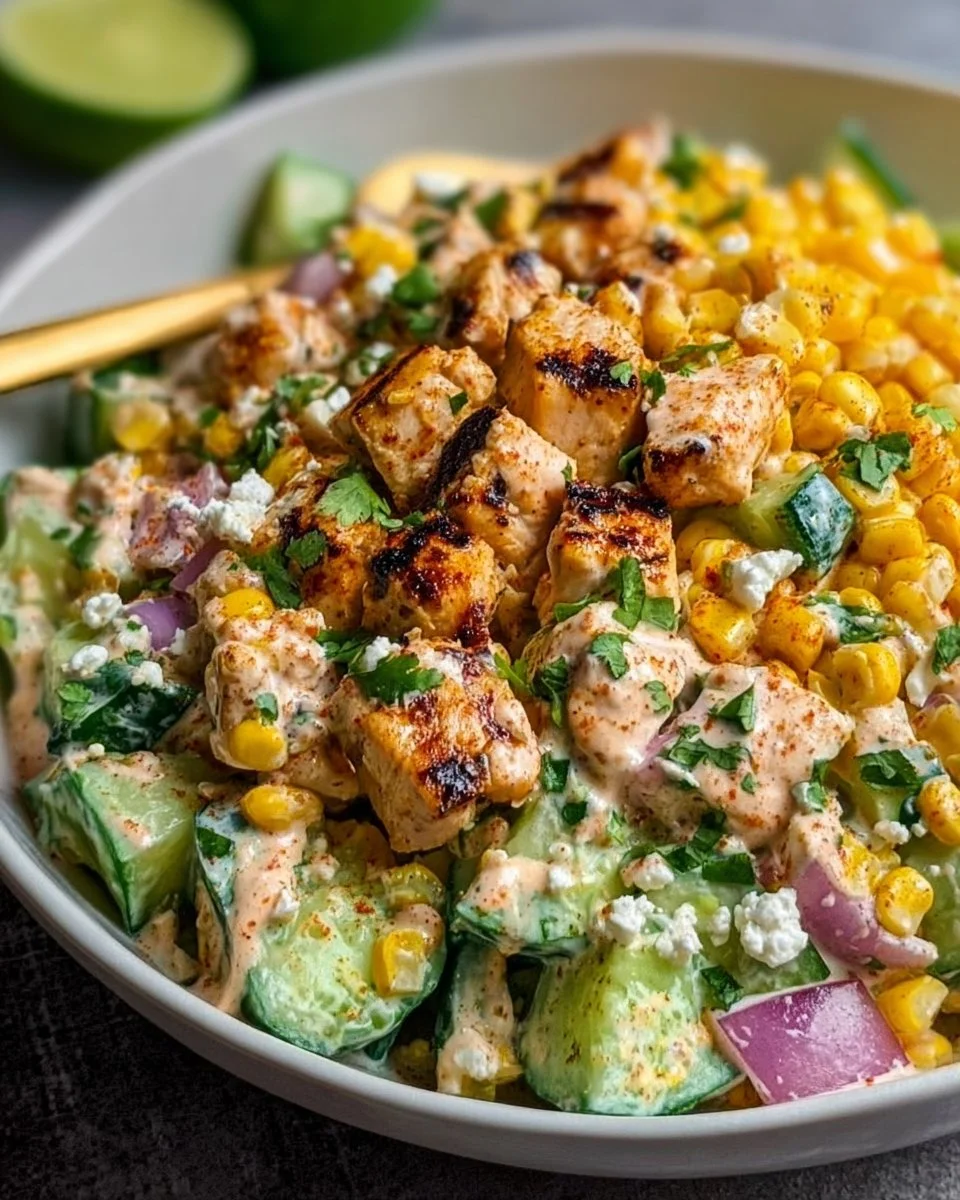 Creamy cucumber chicken salad with street corn in a colorful bowl