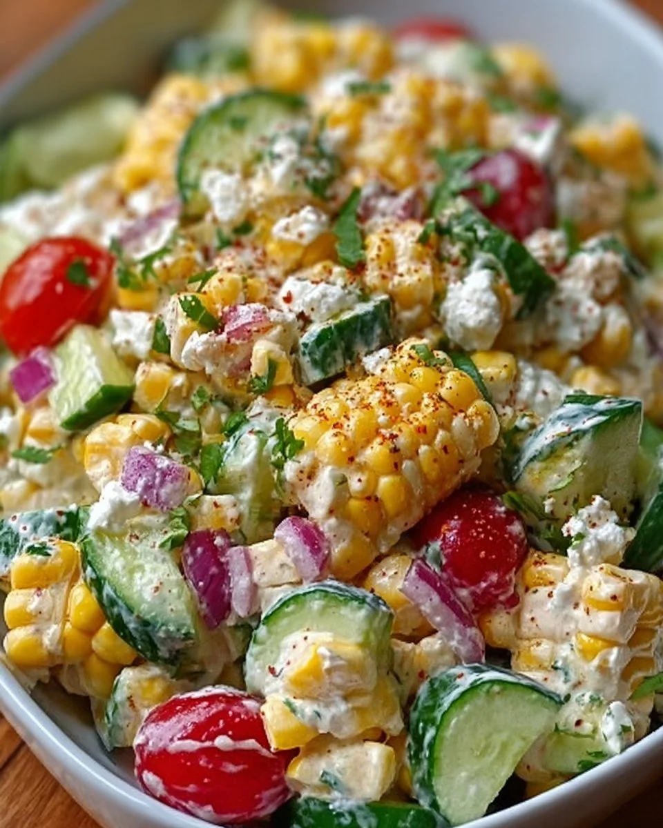 Creamy cucumber salad with street corn, ideal for summer meals.