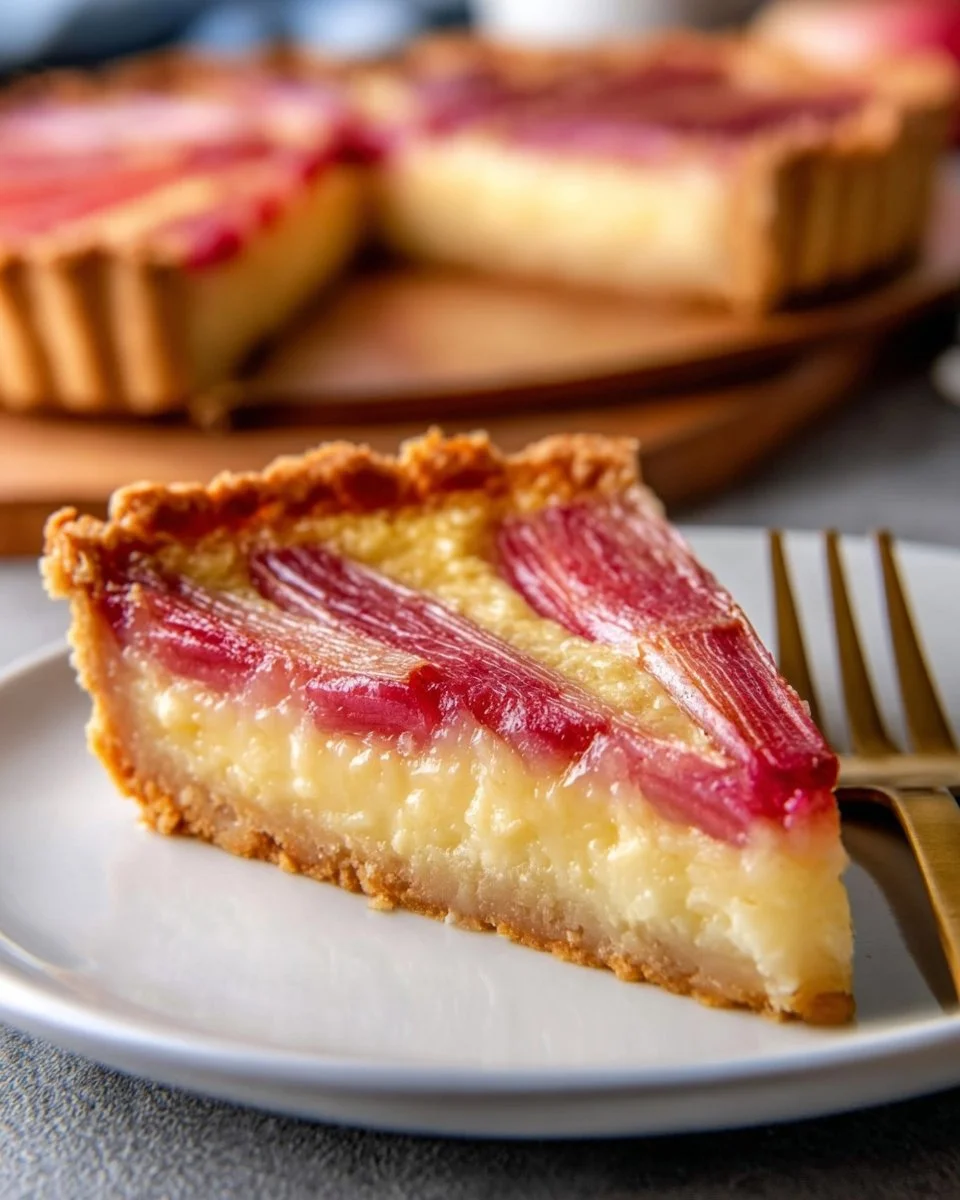 Sweet rhubarb custard tart with a golden crust and creamy filling