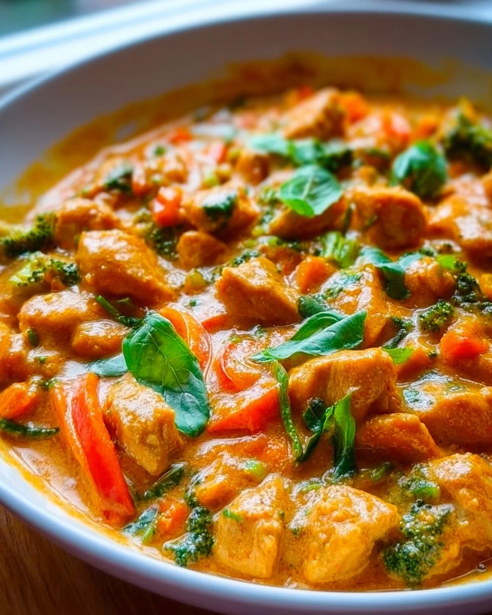 Bowl of Thai coconut curry chicken topped with fresh herbs and served with rice.