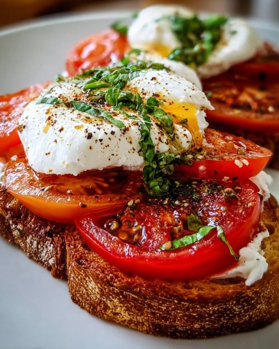 Delicious Tomato Burrata Toast with fresh tomatoes and creamy burrata on toasted bread
