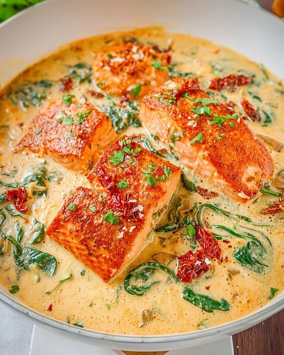 Delicious Tuscan Salmon served with fresh vegetables and herbs