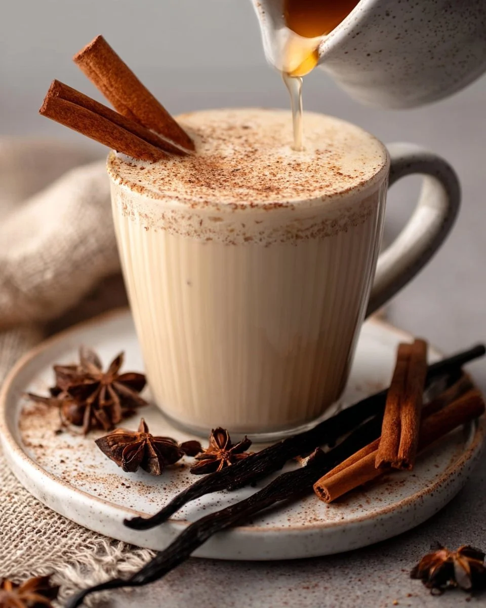 Cup of Vanilla Cinnamon Milk Tea with spices and ingredients around it