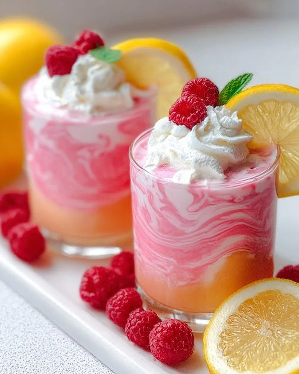 Glass of whipped pink lemonade topped with whipped cream and lemon slices