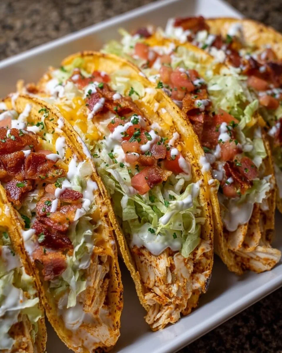 Baked Chicken Tacos topped with bacon and ranch dressing on a plate