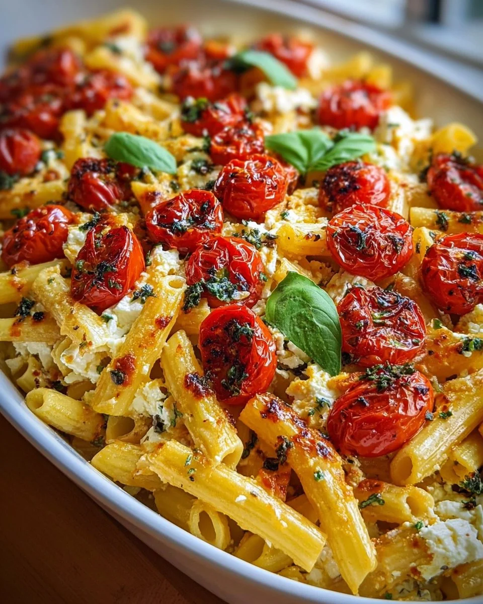 Creamy baked feta pasta dish with tomatoes and fresh herbs
