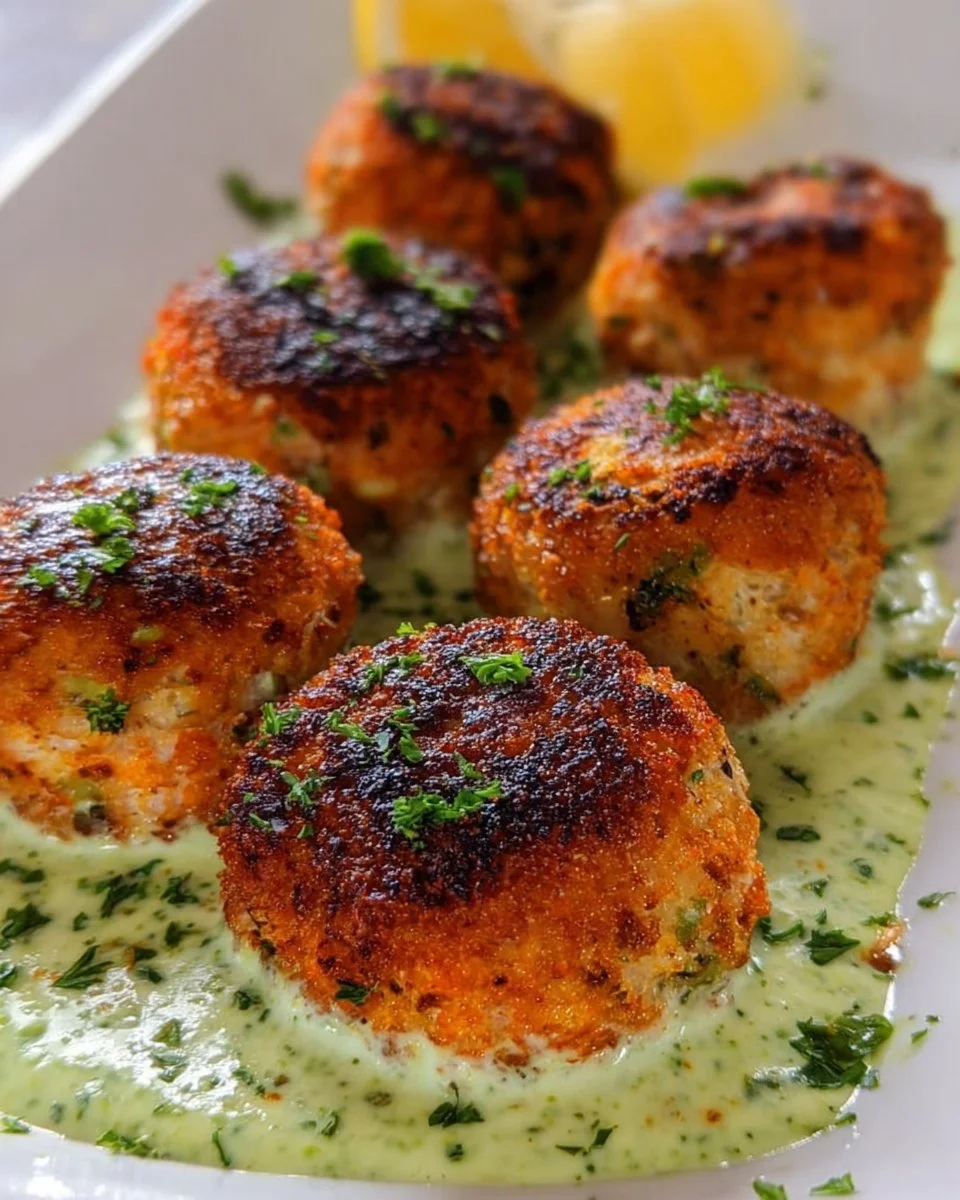 Baked salmon meatballs served with avocado sauce on a plate