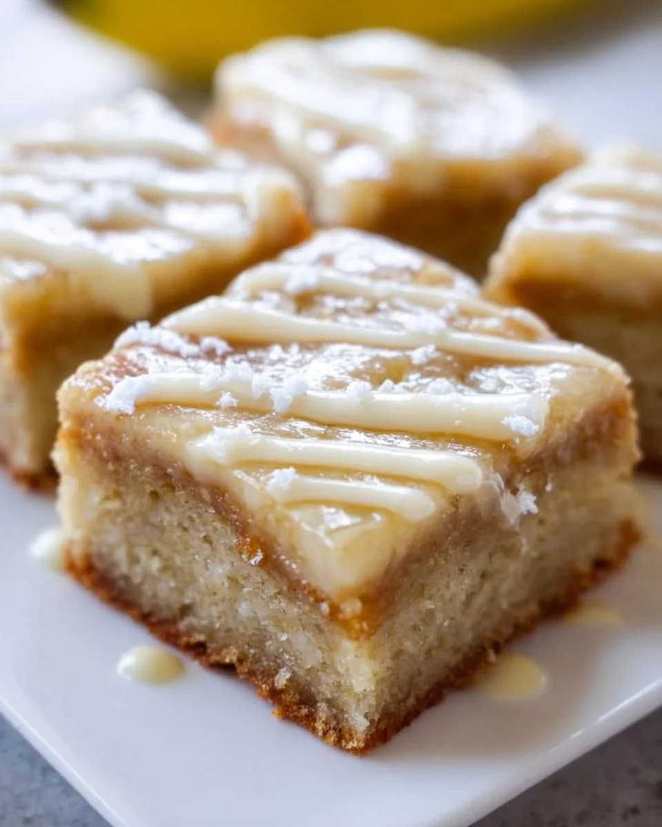 Delicious banana bars with vanilla and browned butter glaze drizzled on top
