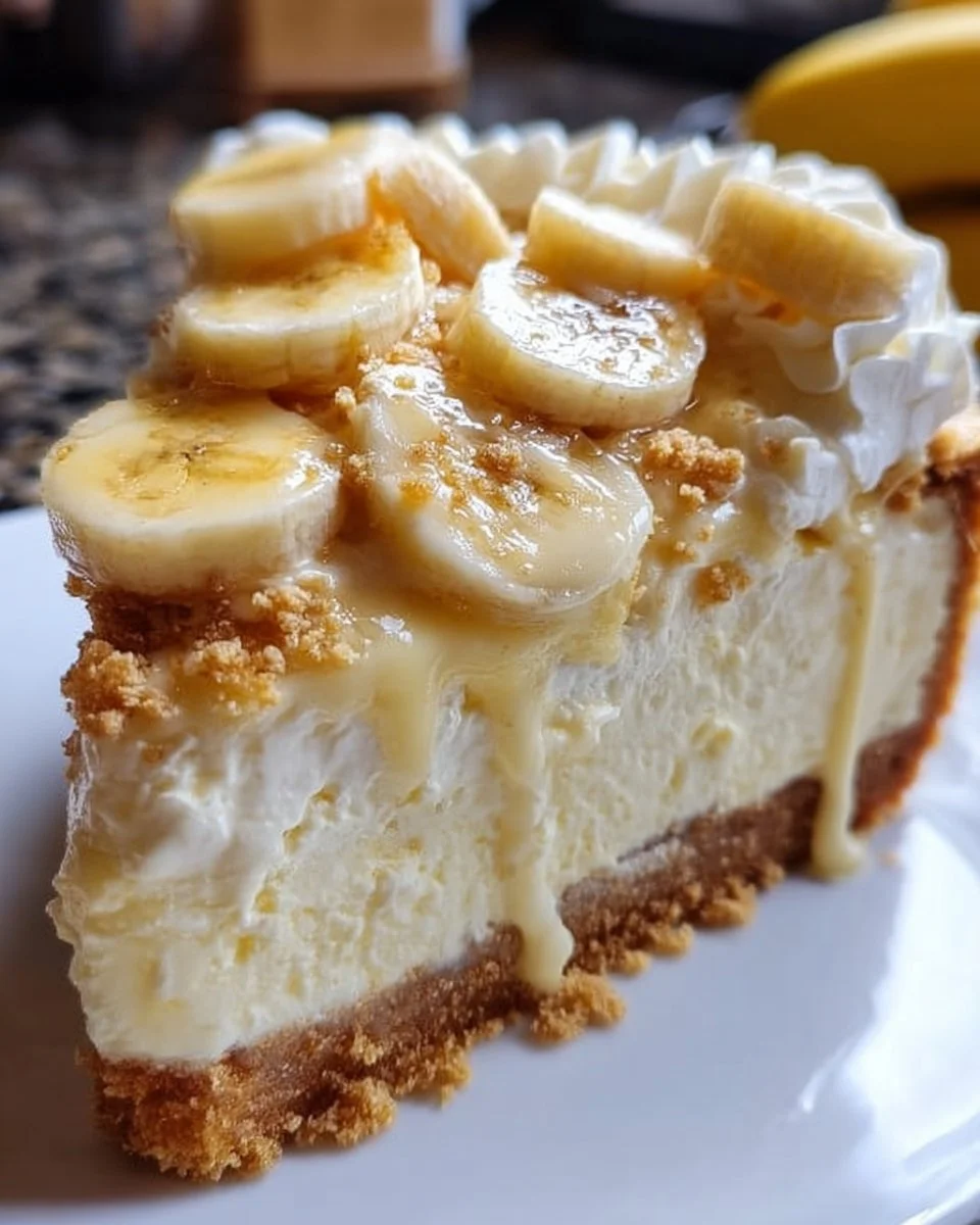 Delicious banana pudding cheesecake topped with whipped cream and banana slices