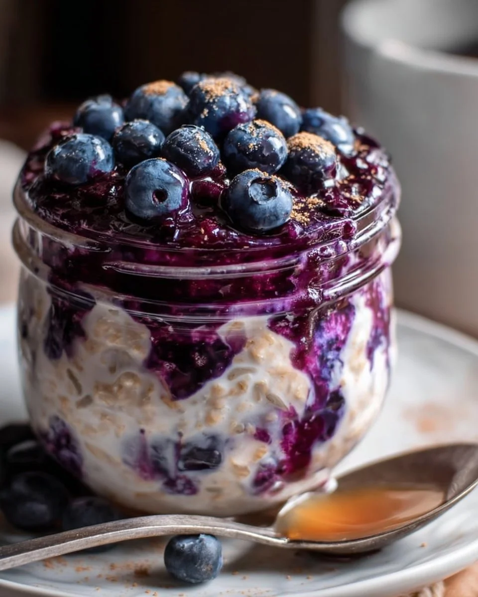 Delicious blueberry pie overnight oats topped with fresh blueberries and cream