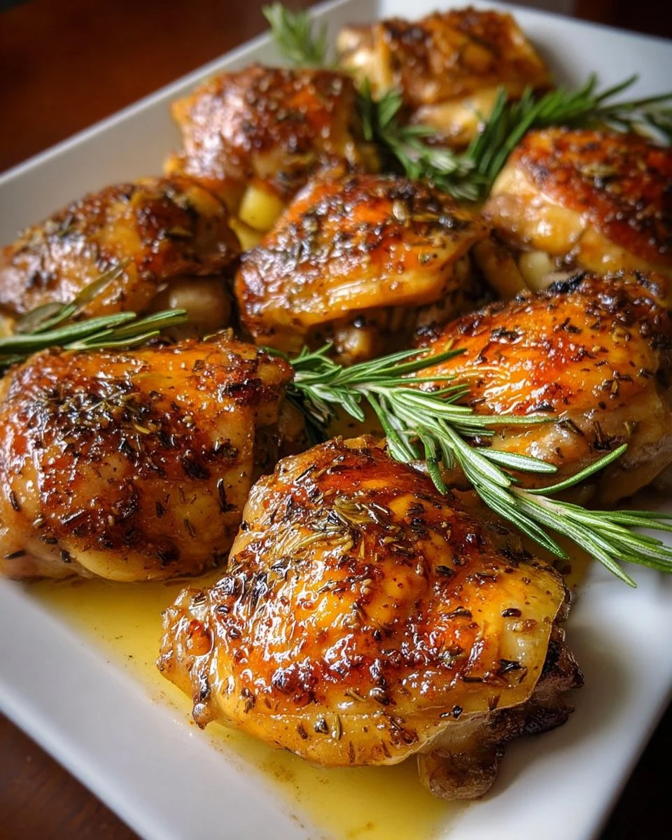 Bone-in baked chicken thighs served on a plate with herbs and spices.