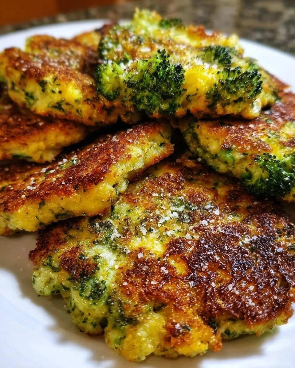 Crispy broccoli fritters served on a plate with a dipping sauce