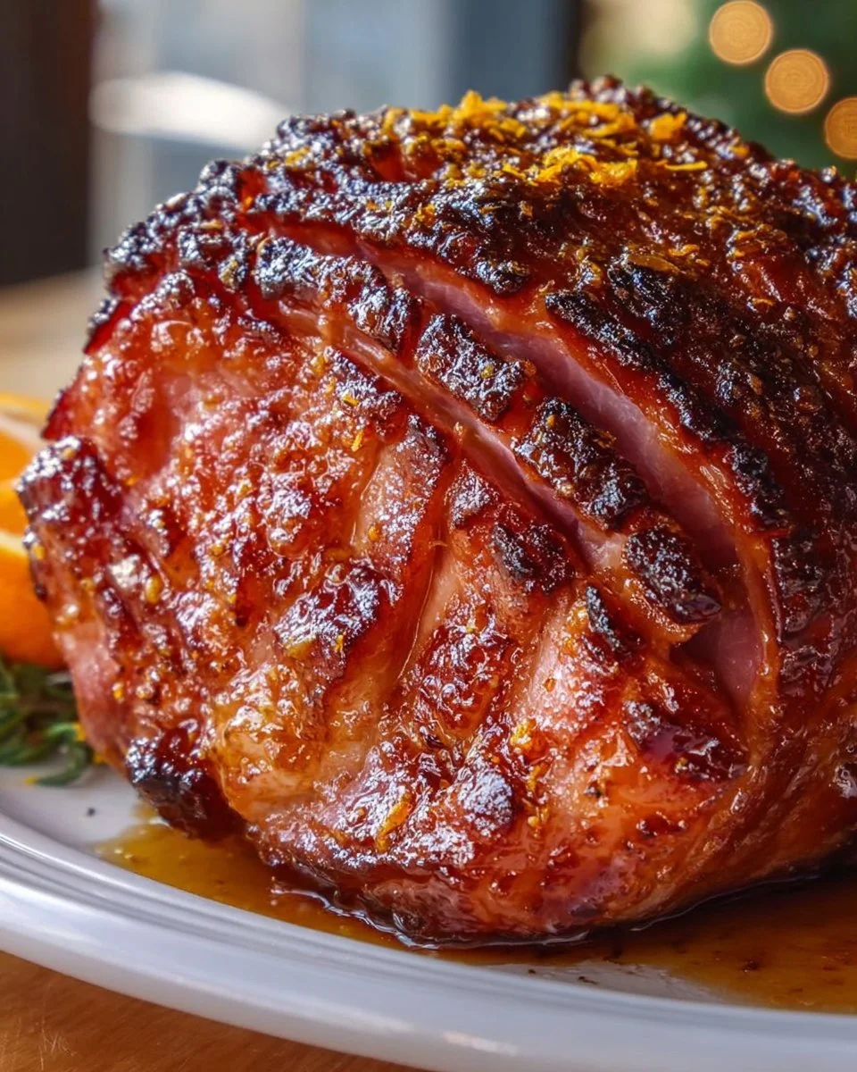 Brown Sugar Glazed Ham with Honey Orange Glaze on a serving platter