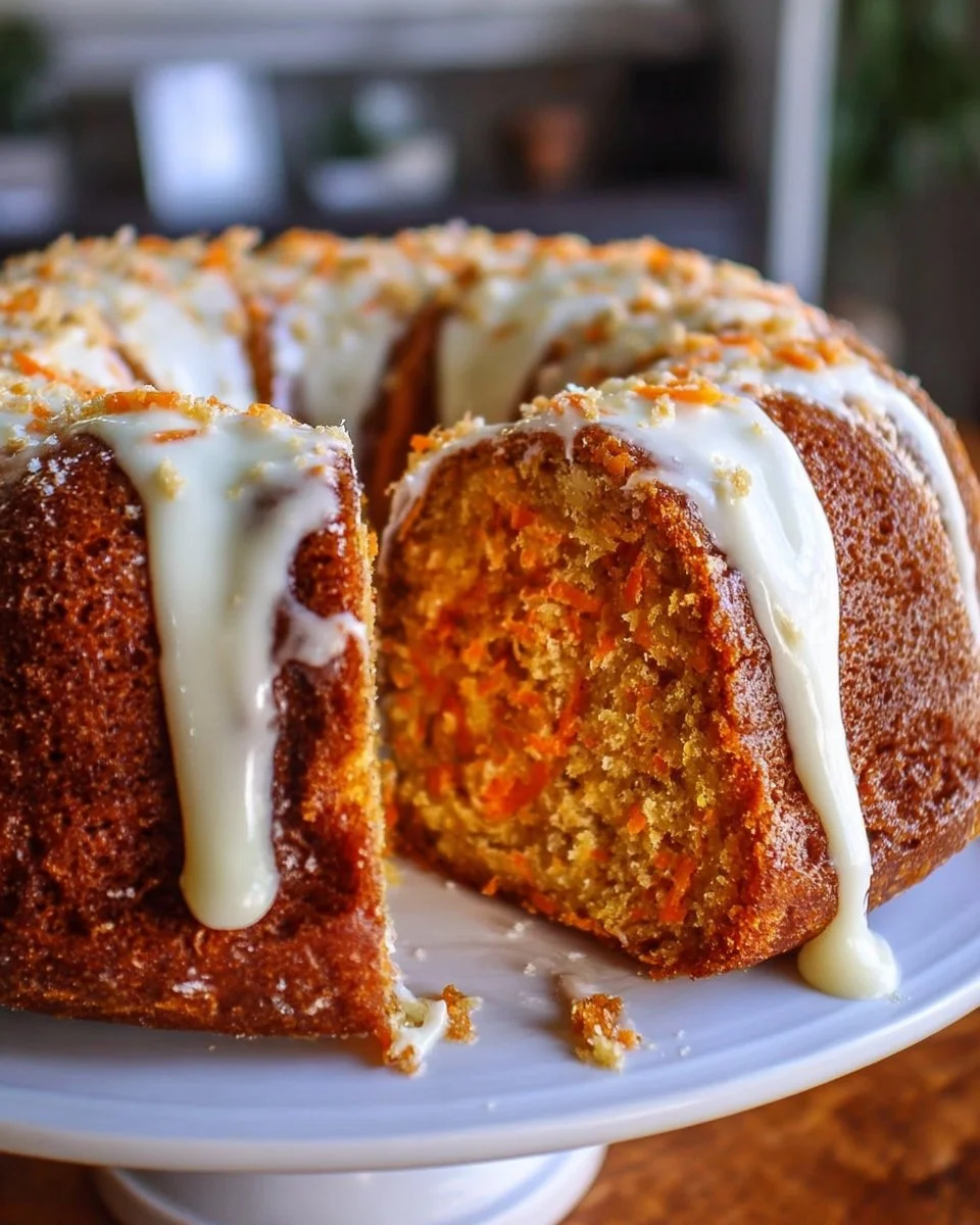 Delicious Carrot Bundt Cake filled with Cream Cheese, topped with frosting.