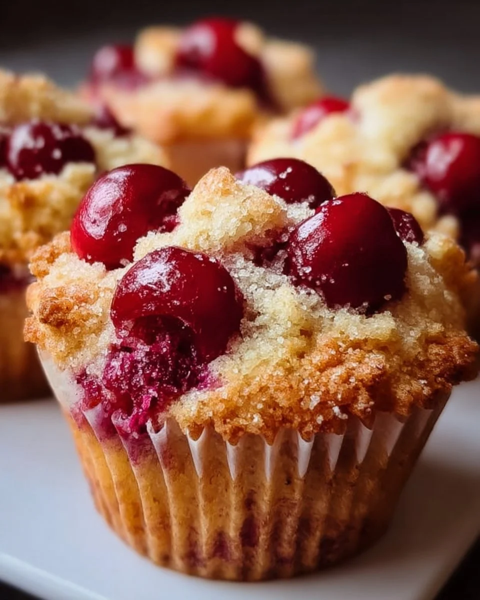 Freshly baked Cherry Cobbler Muffins topped with juicy cherries and crumble.