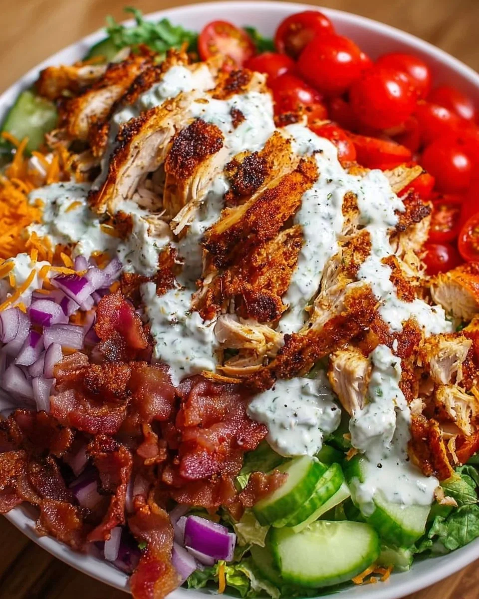 Delicious Chicken Bacon Ranch Bowl with toppings, ready to enjoy.