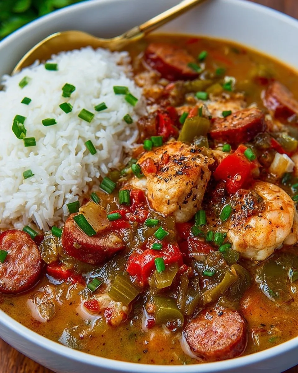 Bowl of Chicken Gumbo with Andouille Sausage garnished with parsley