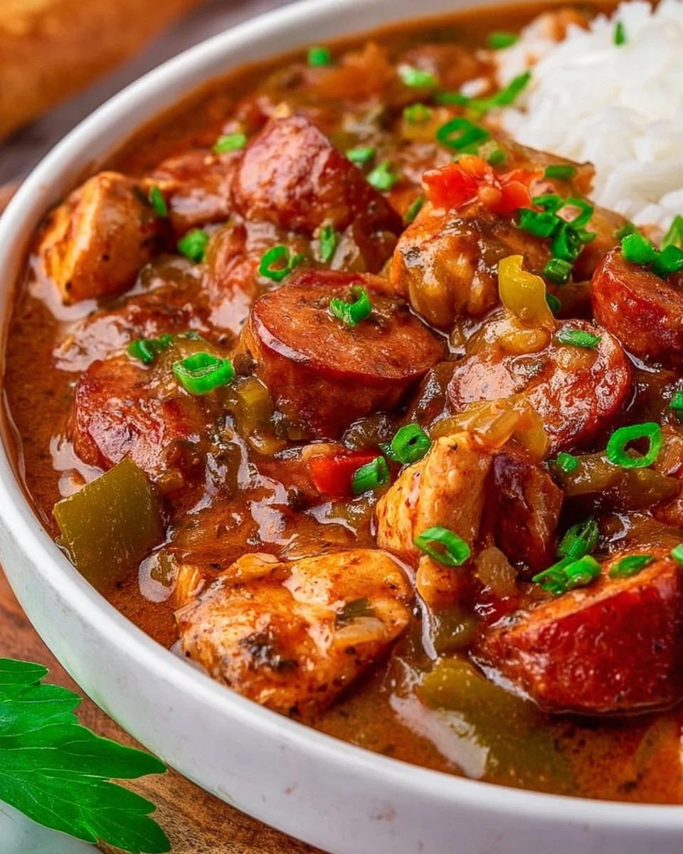 Delicious Chicken Gumbo with Andouille Sausage in a bowl
