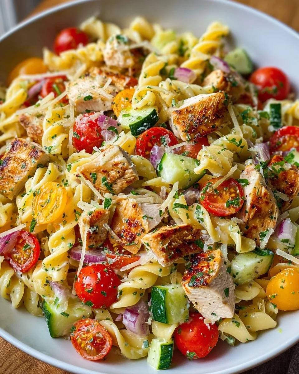 Delicious homemade Chicken Pasta Salad with fresh vegetables and herbs