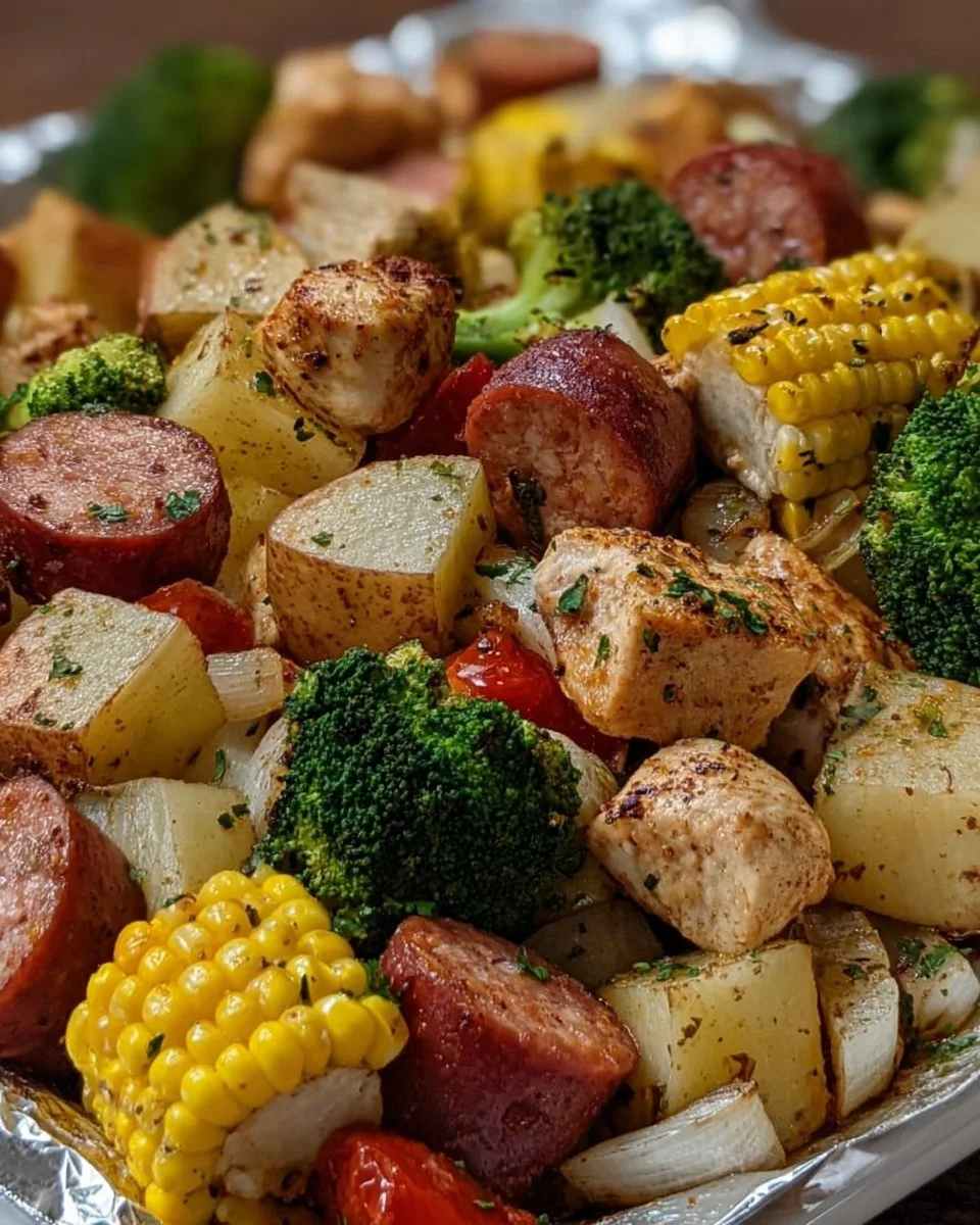Chicken, sausage, potatoes, broccoli, and corn in foil packets for easy cooking.