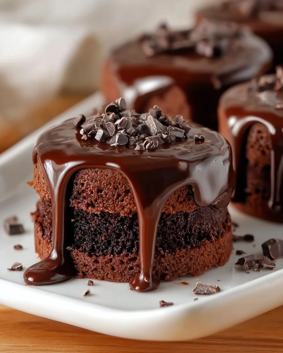 Delicious chocolate ganache mini cakes topped with smooth chocolate glaze