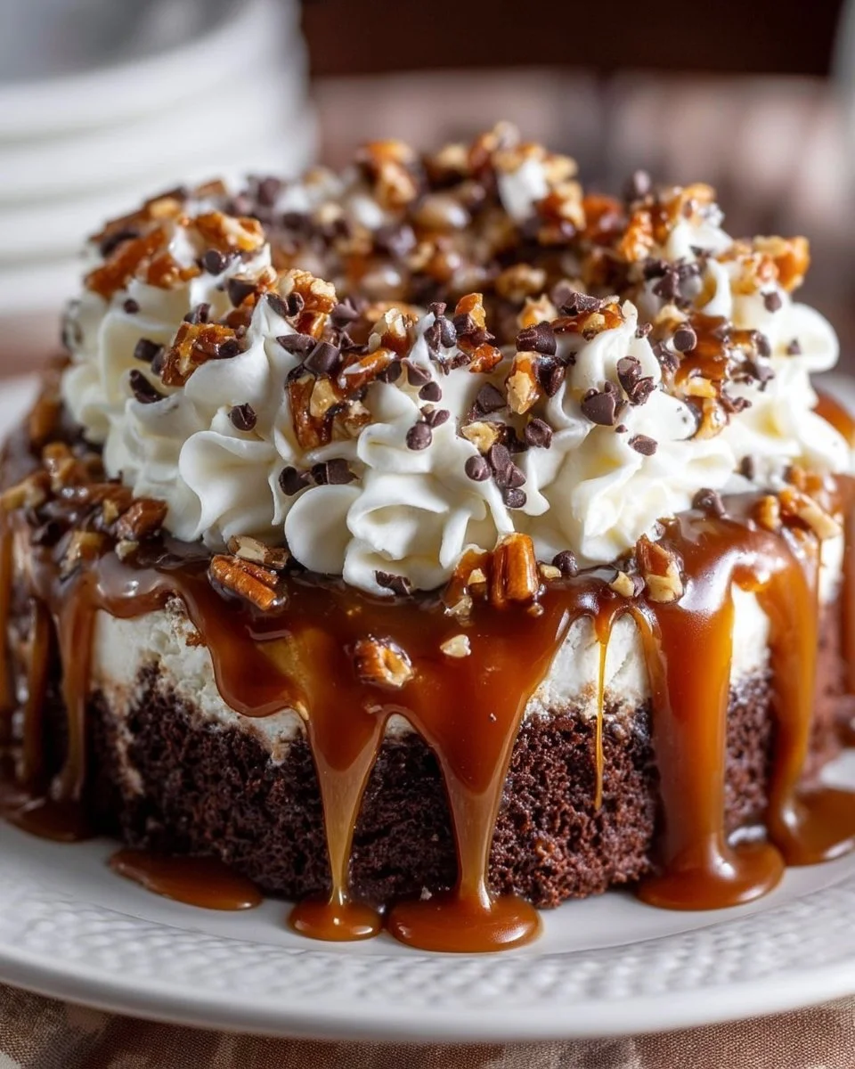 Delicious Chocolate Turtle Cake with caramel and pecans on a plate