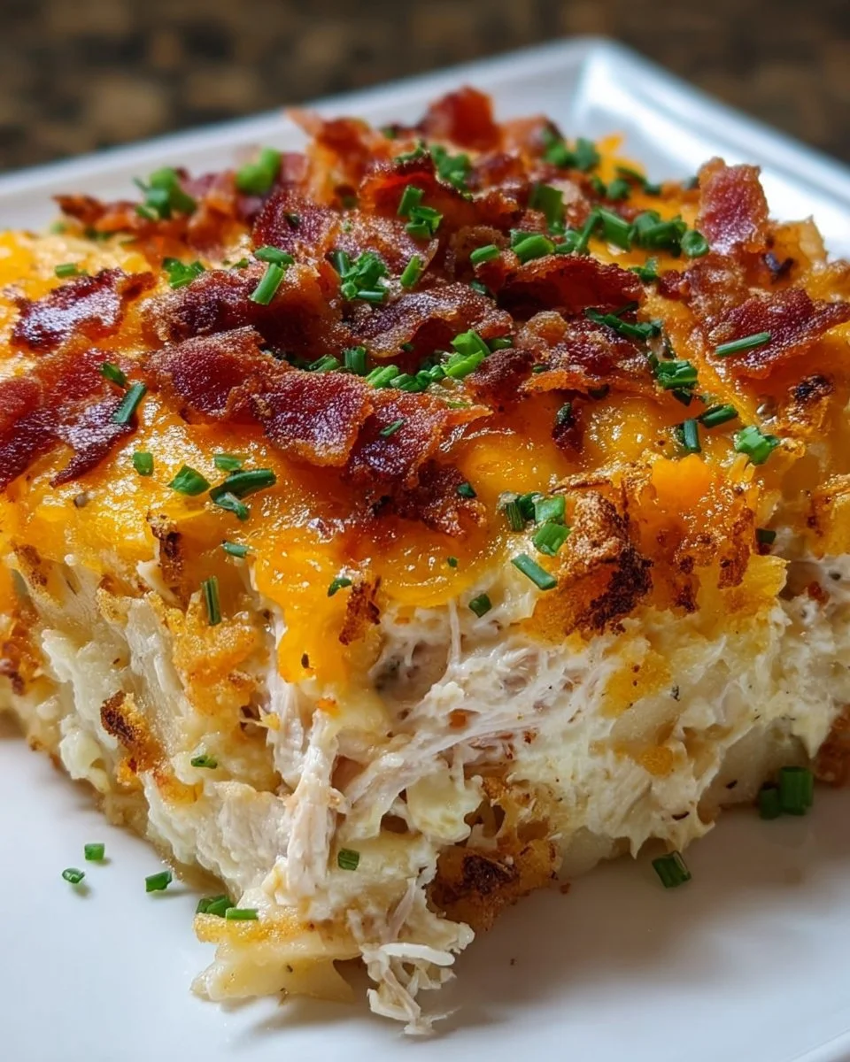 Delicious Crack Chicken Casserole served in a baking dish with toppings