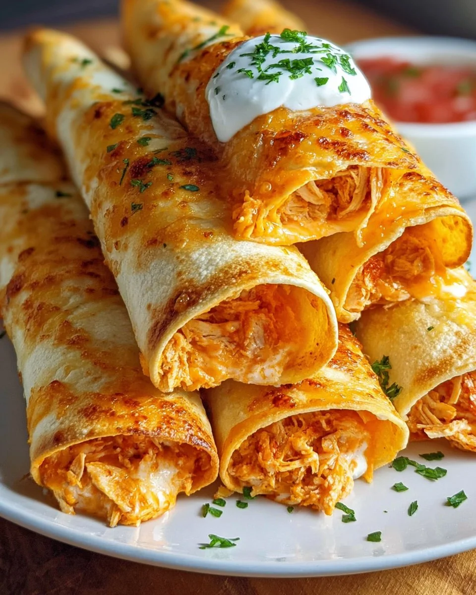 Delicious creamy chicken taquitos served with dipping sauce