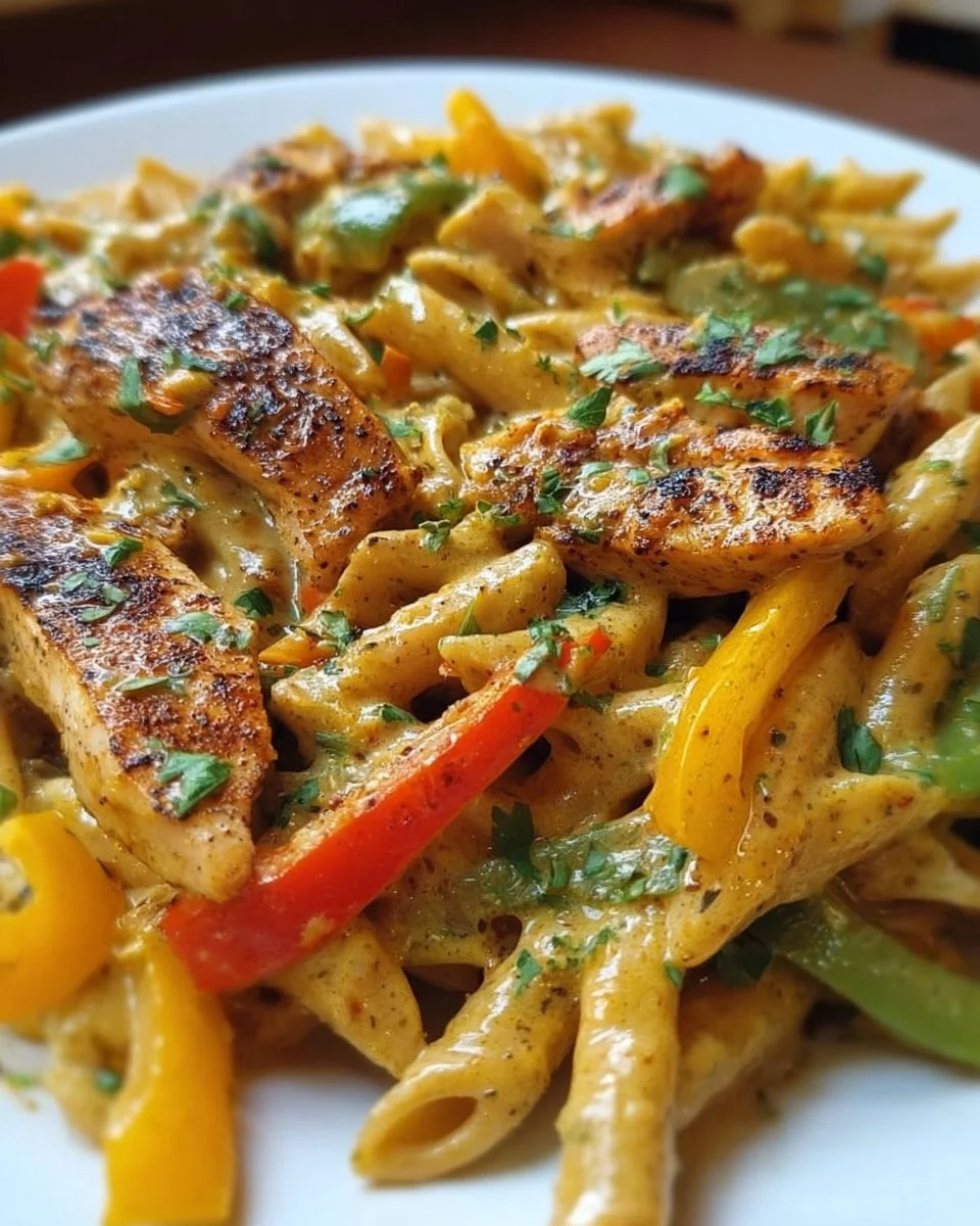 Creamy jerk chicken rasta pasta served in a bowl, garnished with herbs.
